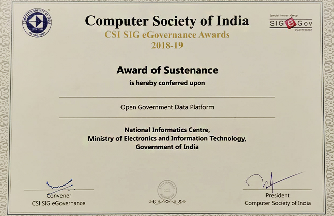Banner of Open Government Data (OGD) Platform Conferred Upon Award of Sustenance by  CSI SIG eGovernance Awards 2019-20